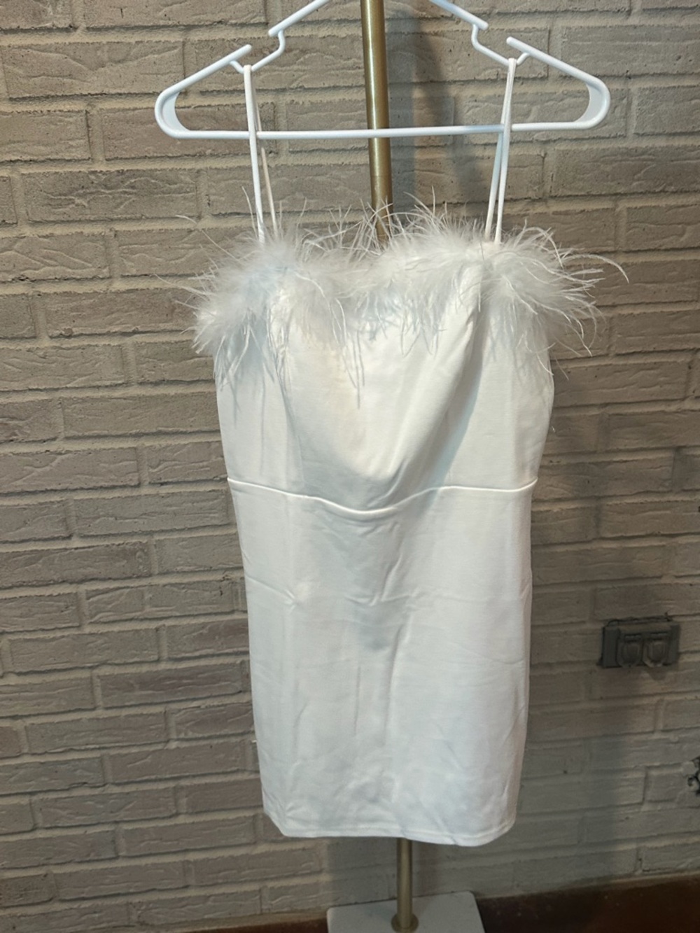 White Feather Trim Spaghetti Strap Mini Dress